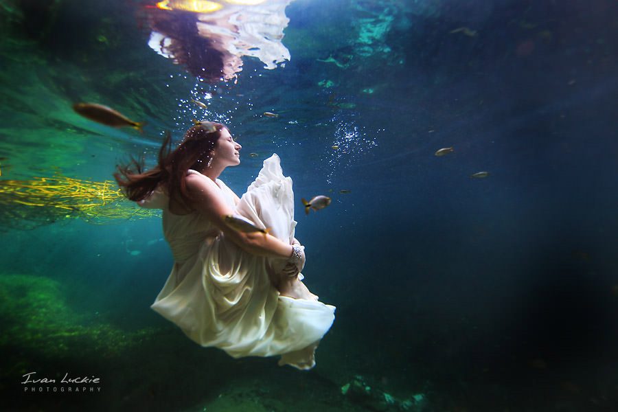 Ivan LuckiePhotography - Bride - cenote Xcancel - Underwater Cenote trash the dress