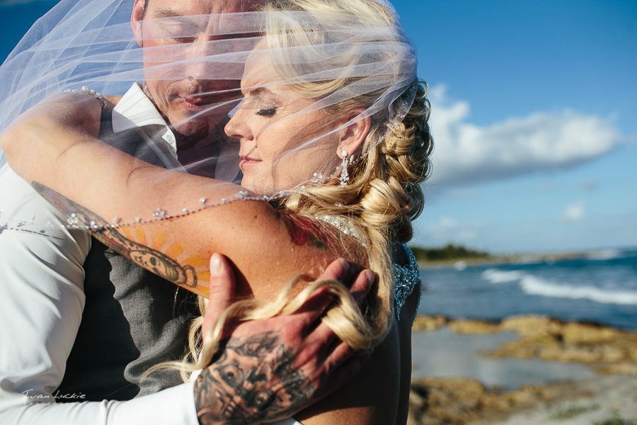 Tattooed Bride and Groom portraits in their Beach wedding