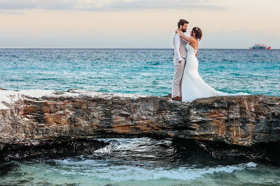 Hotel Xcaret Mexico wedding -bride and groom portrait on beach